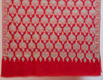 Red Handwoven Sozni Floral Embroidered Jamawar Pashmina Shawl