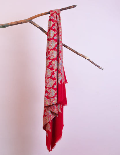 Red Handwoven Sozni Floral Embroidered Jamawar Pashmina Shawl