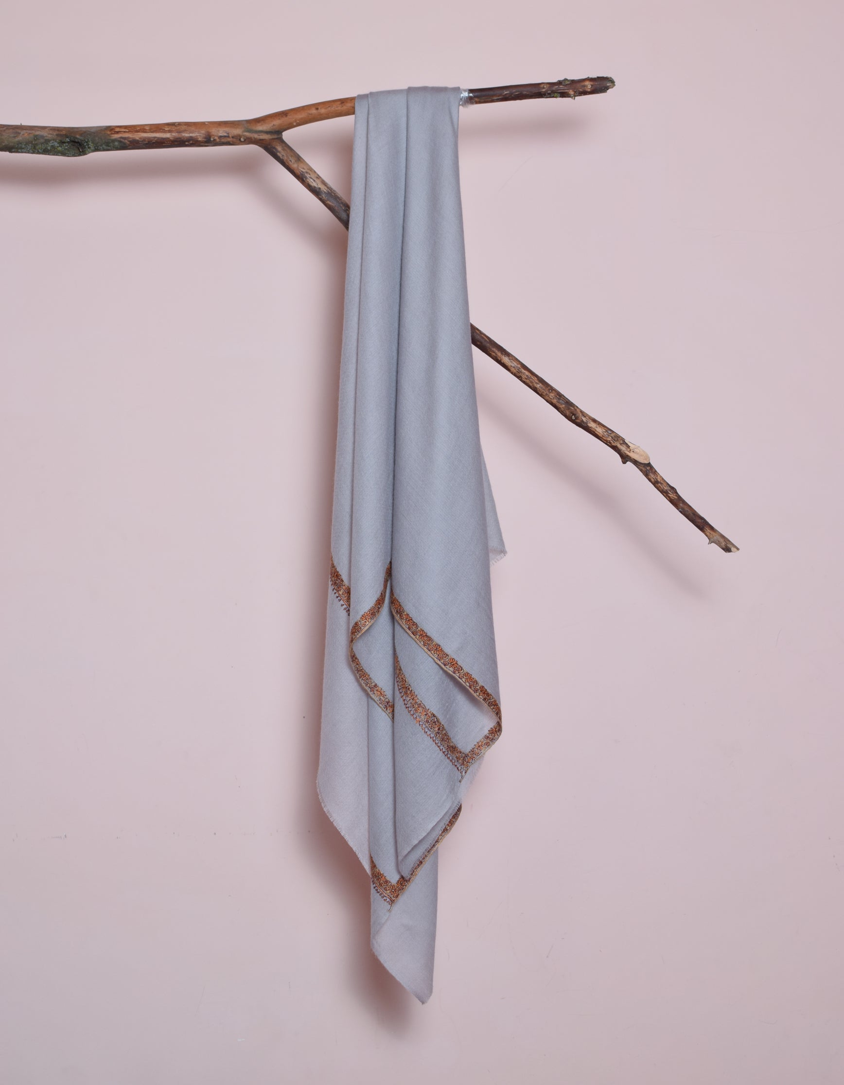 Pastel Grey Handwoven Sozni Embroidered Cashmere Pashmina Shawl