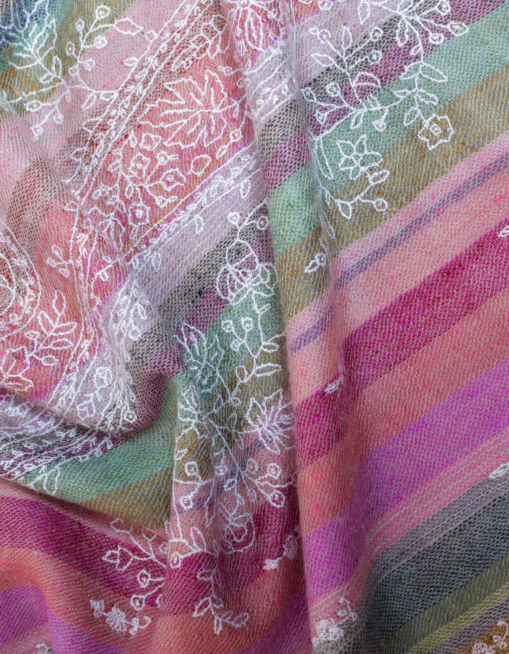 Multicolour Handwoven Stripes Sozni Embroidered Cashmere Pashmina Shawl