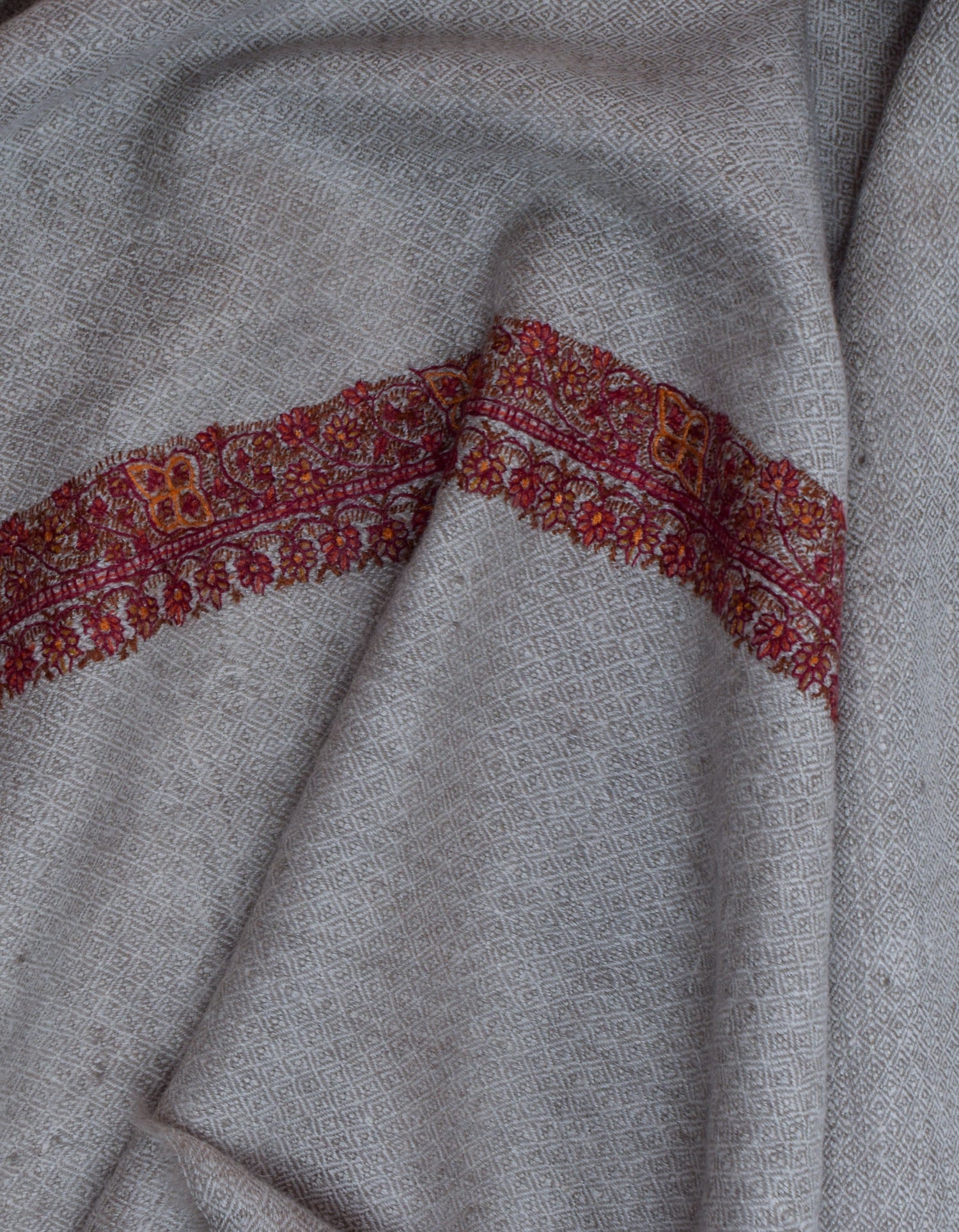 Pastel Grey Handwoven Sozni Embroidered Cashmere Pashmina Shawl