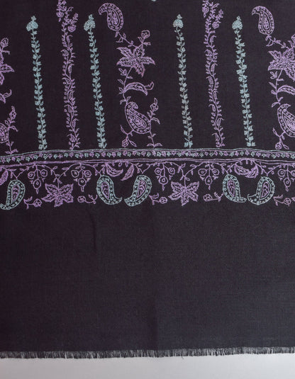 Jet Black Handwoven Border Embroidered Cashmere Pashmina Stole