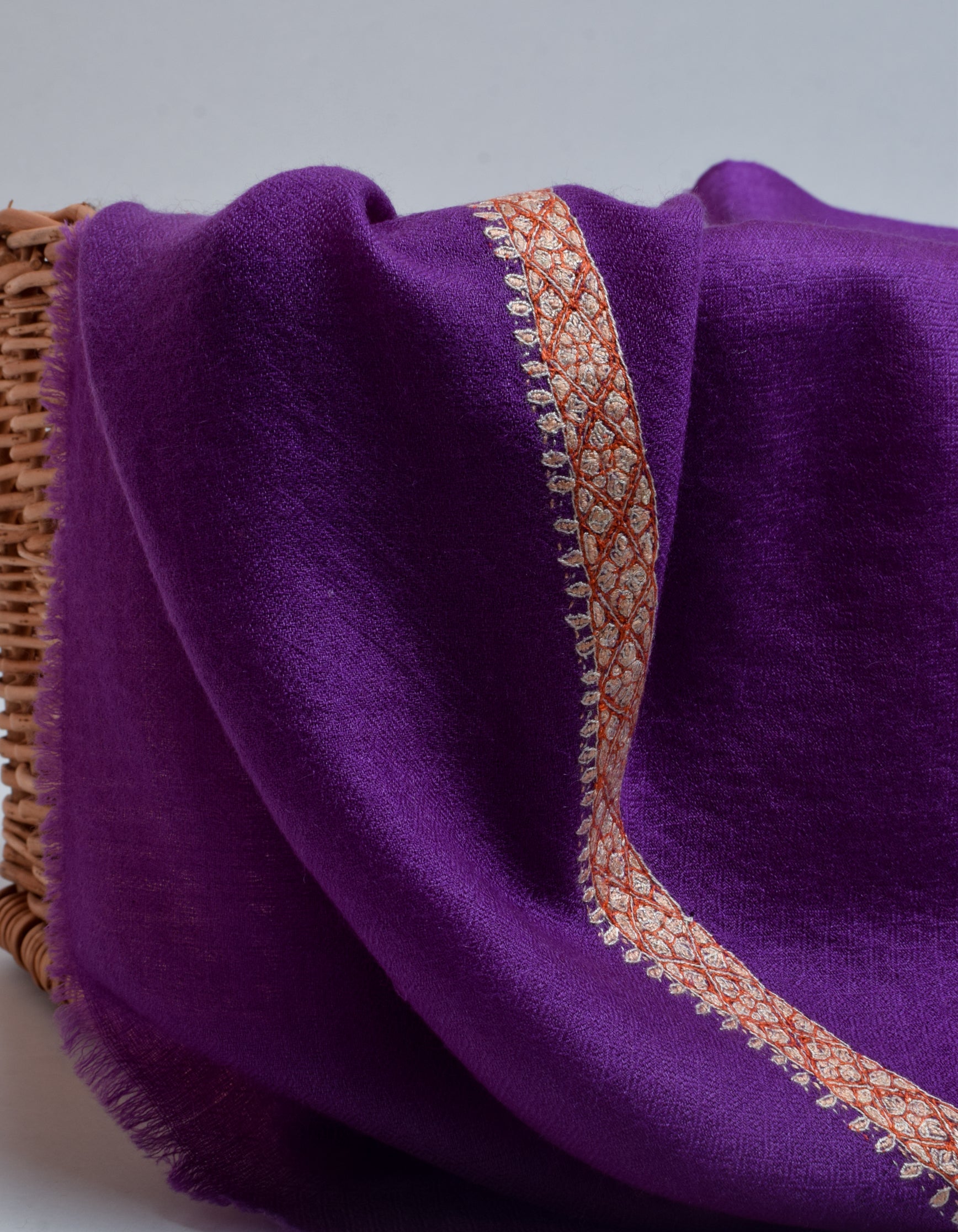 Royal Purple Handwoven Sozni Border Embroidered Cashmere Pashmina Shawl - Kashmir Box