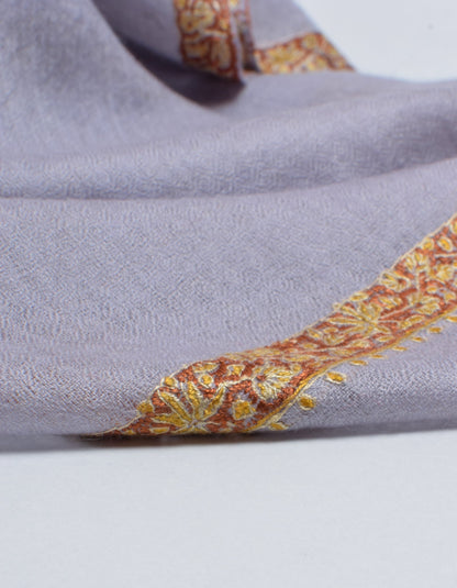 Cool Grey Handwoven Sozni Border Embroidered Cashmere Pashmina Shawl - Kashmir Box