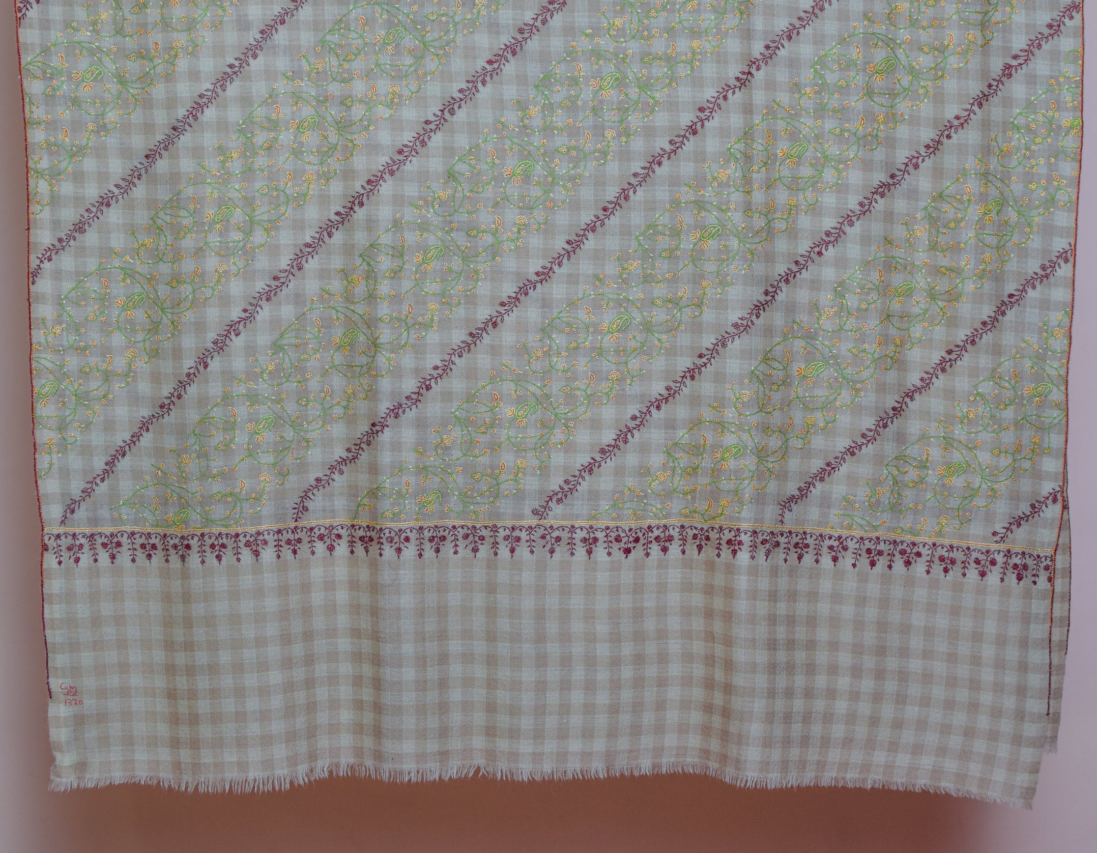 Natural Check Handwoven Embroidered Cashmere Pashmina Shawl