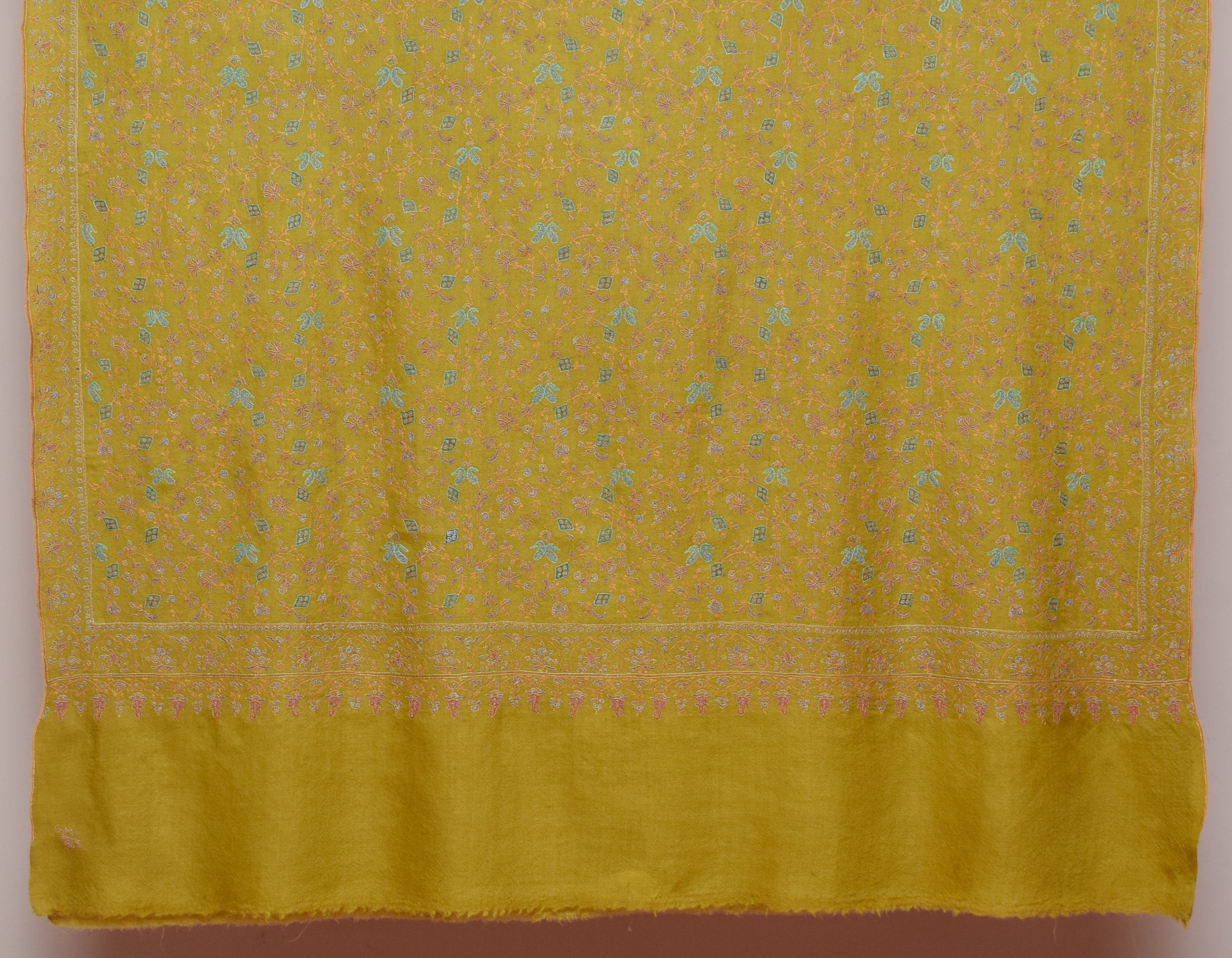 Mustard Yellow Handwoven Sozni Jaali Embroidered Cashmere Pashmina Shawl