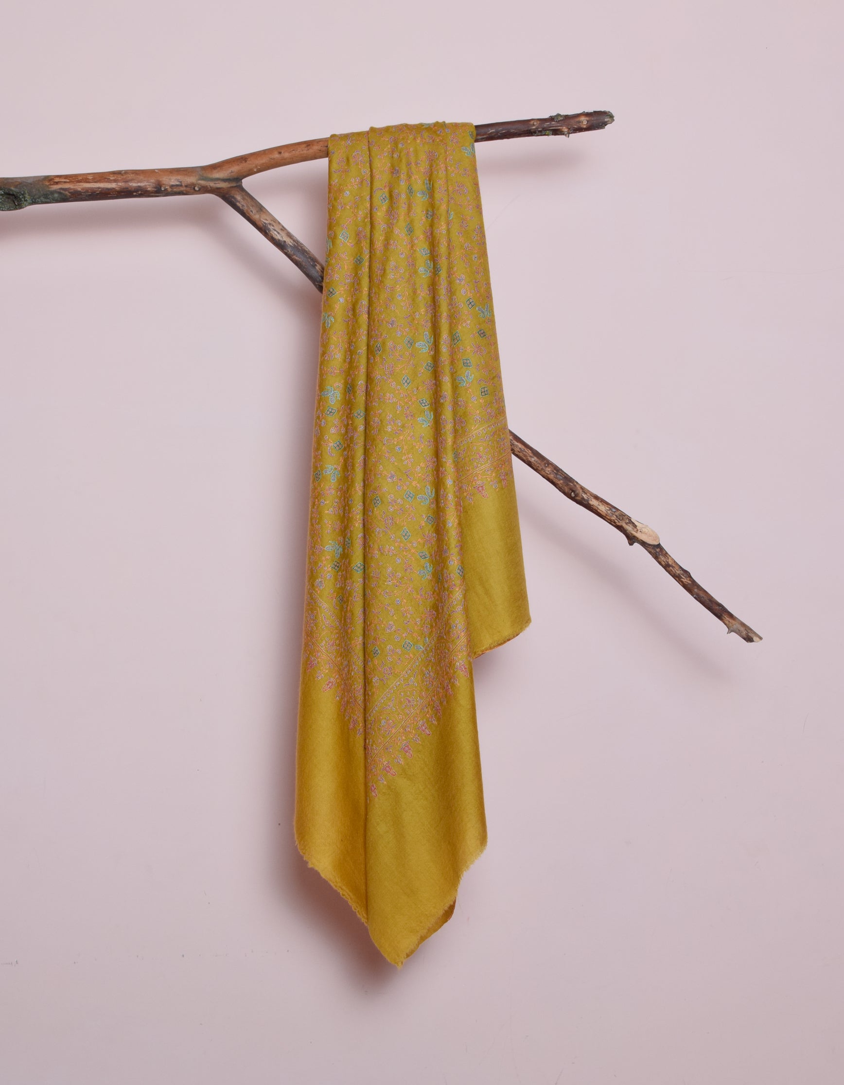 Mustard Yellow Handwoven Sozni Jaali Embroidered Cashmere Pashmina Shawl