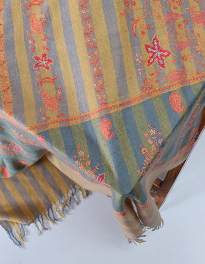 Modern Gold Grey Stripes Handwoven Sozni Embroidered Cashmere Pashmina Shawl