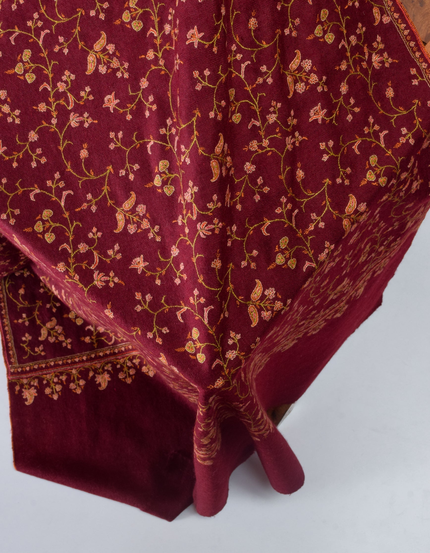 Deep Maroon Handwoven Sozni Jaali Embroidered Cashmere Pashmina Shawl