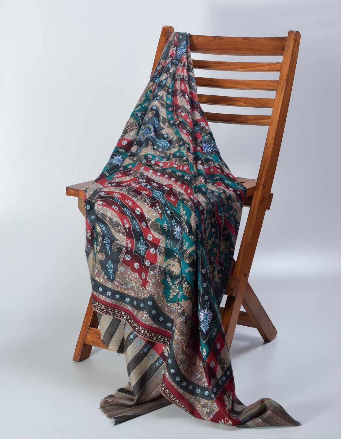 Multi-Pattern Handwoven Kani Print Detail Embroidered Cashmere Pashmina Shawl