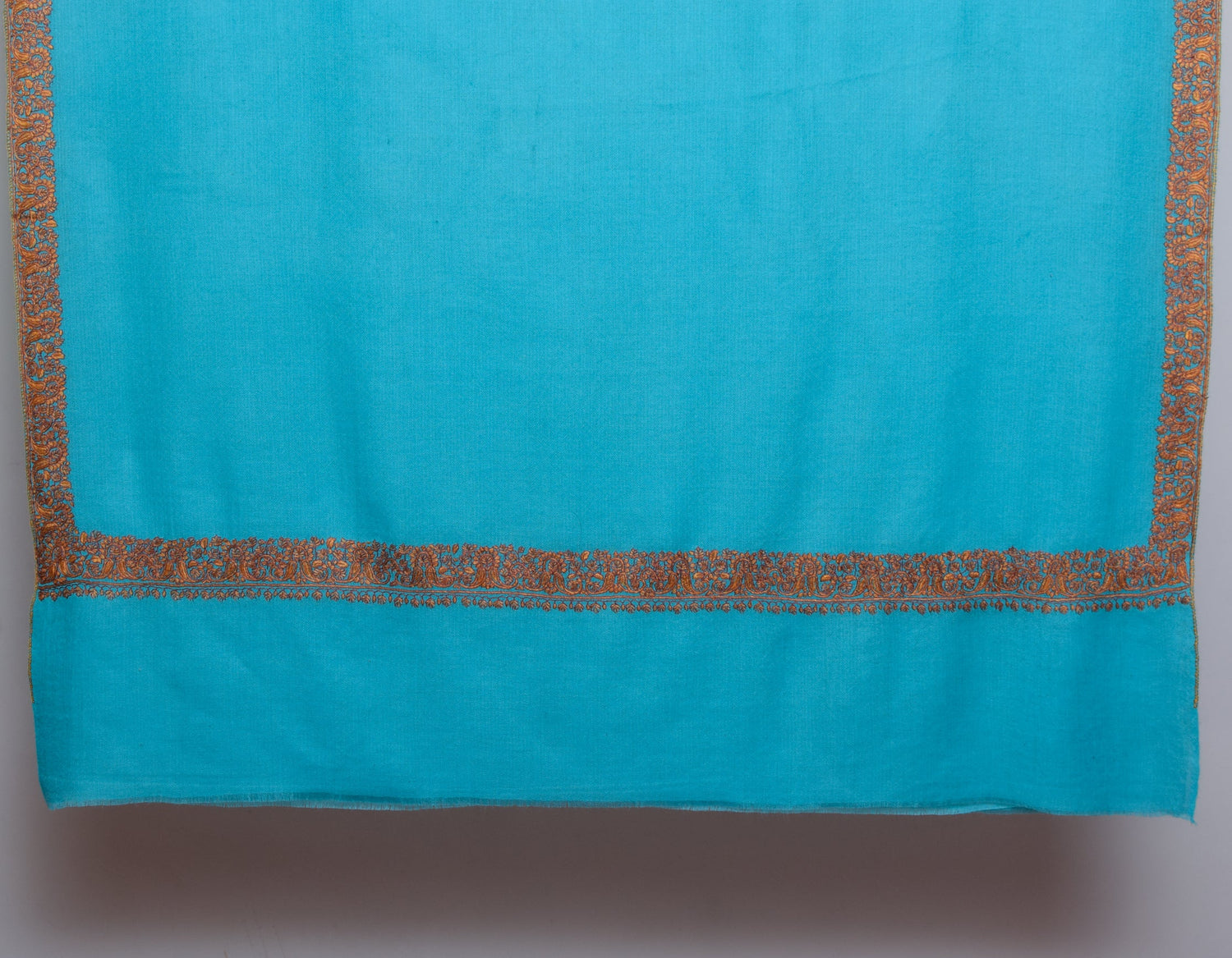 Aqua Blue Handwoven Border Embroidered Cashmere Pashmina Shawl - Kashmir Box