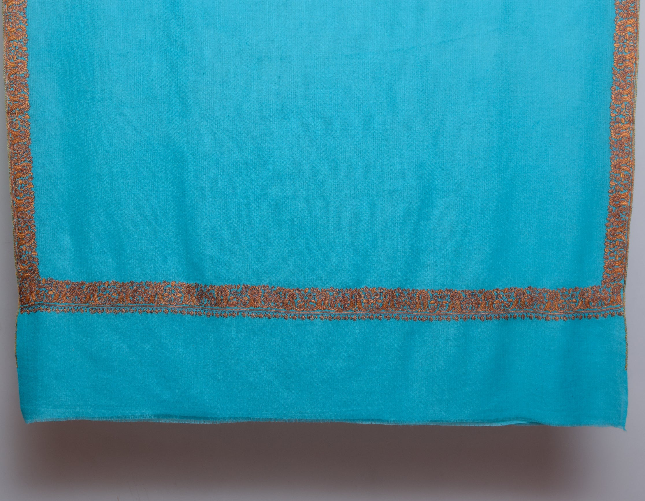 Aqua Blue Handwoven Border Embroidered Cashmere Pashmina Shawl - Kashmir Box