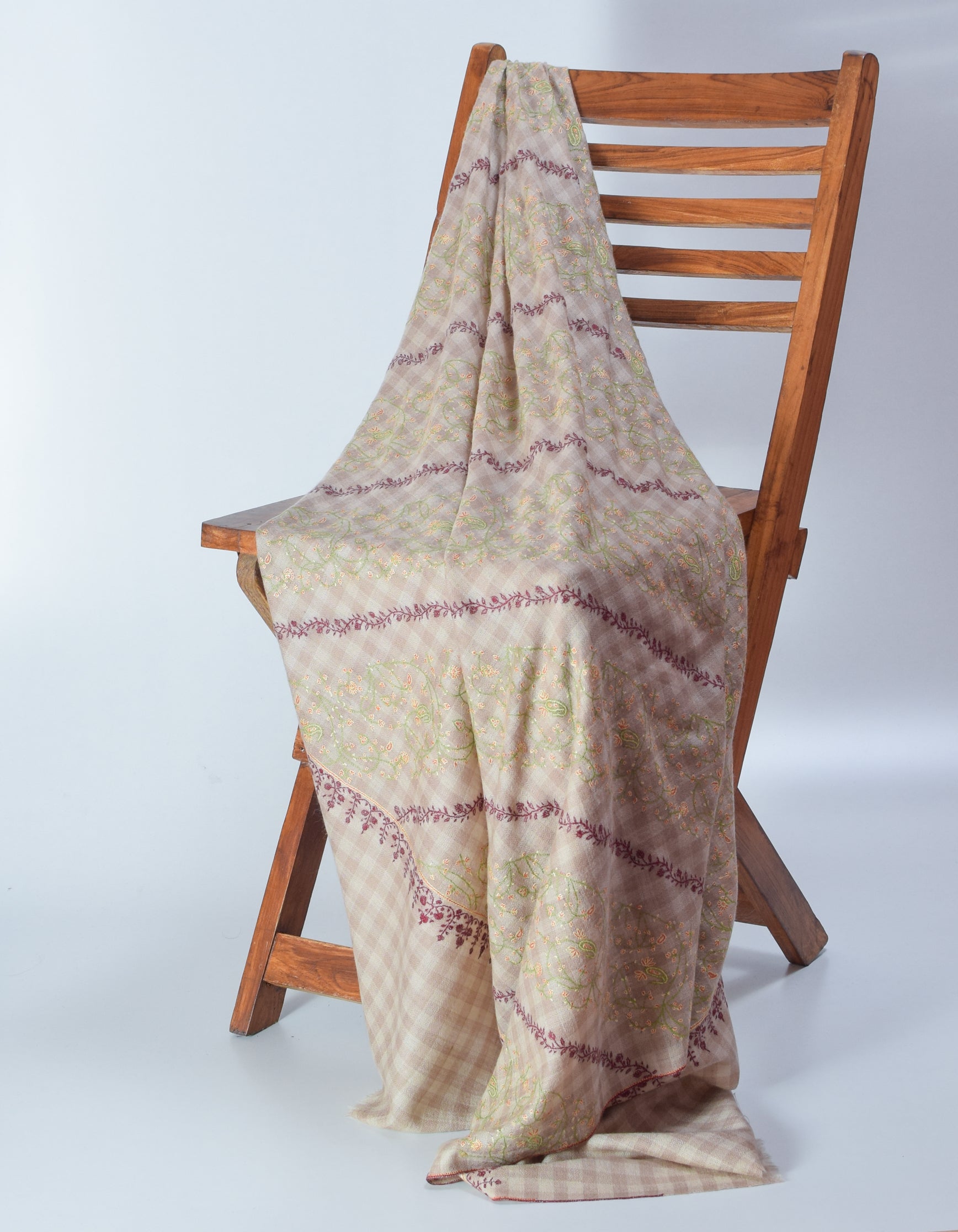 Natural Check Handwoven Embroidered Cashmere Pashmina Shawl