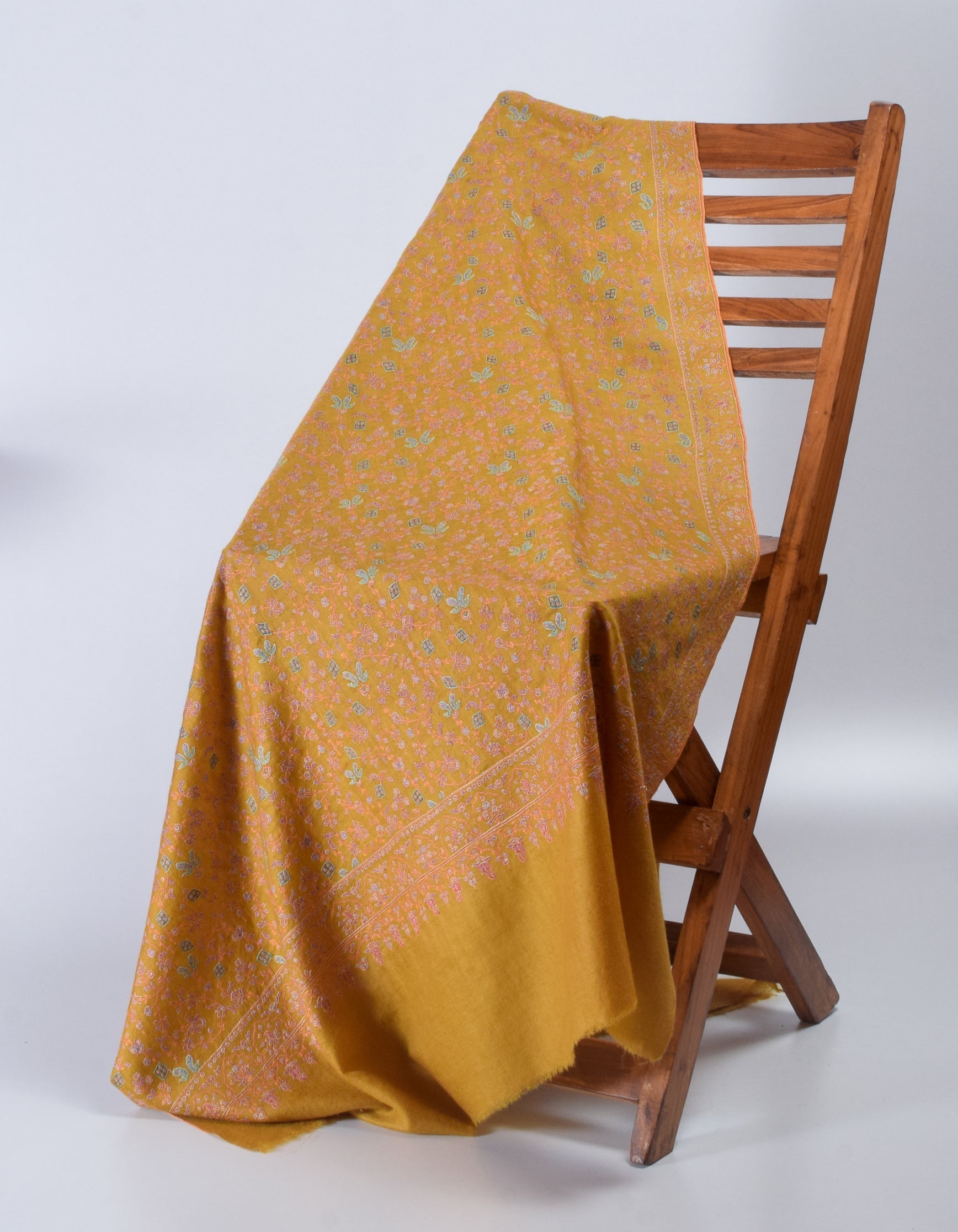 Mustard Yellow Handwoven Sozni Jaali Embroidered Cashmere Pashmina Shawl