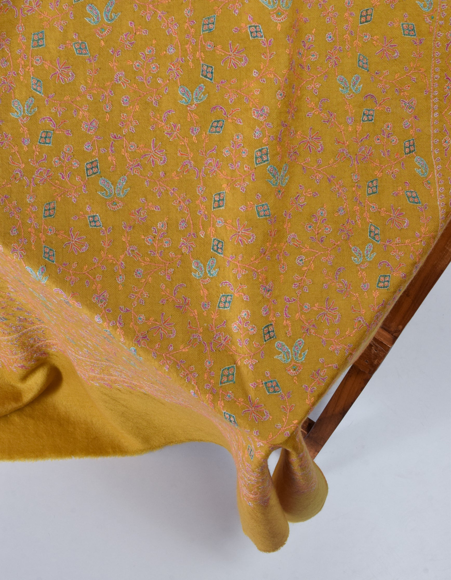 Mustard Yellow Handwoven Sozni Jaali Embroidered Cashmere Pashmina Shawl