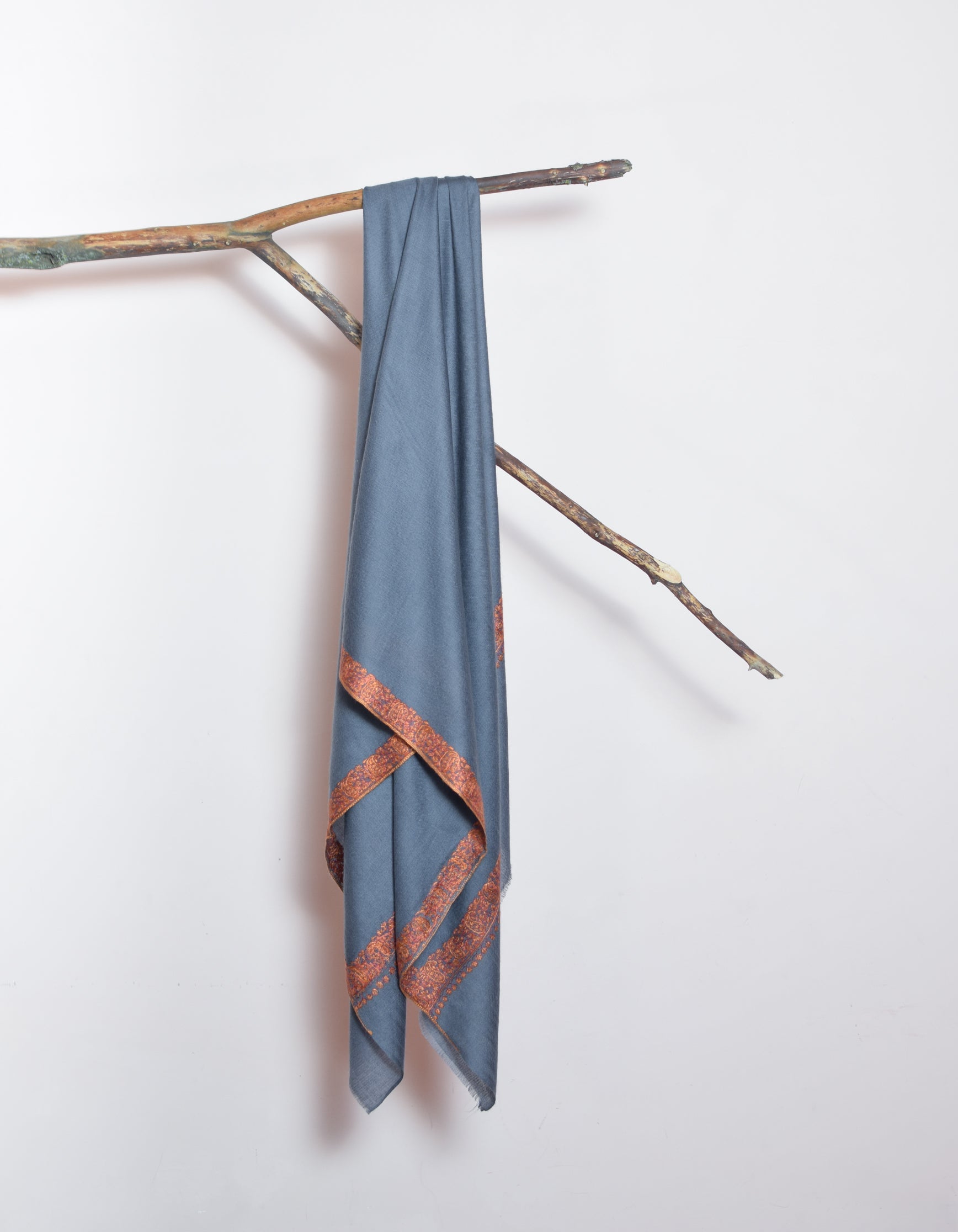 Cadet Grey Handwoven Border Embroidered Cashmere Pashmina Shawl - Kashmir Box