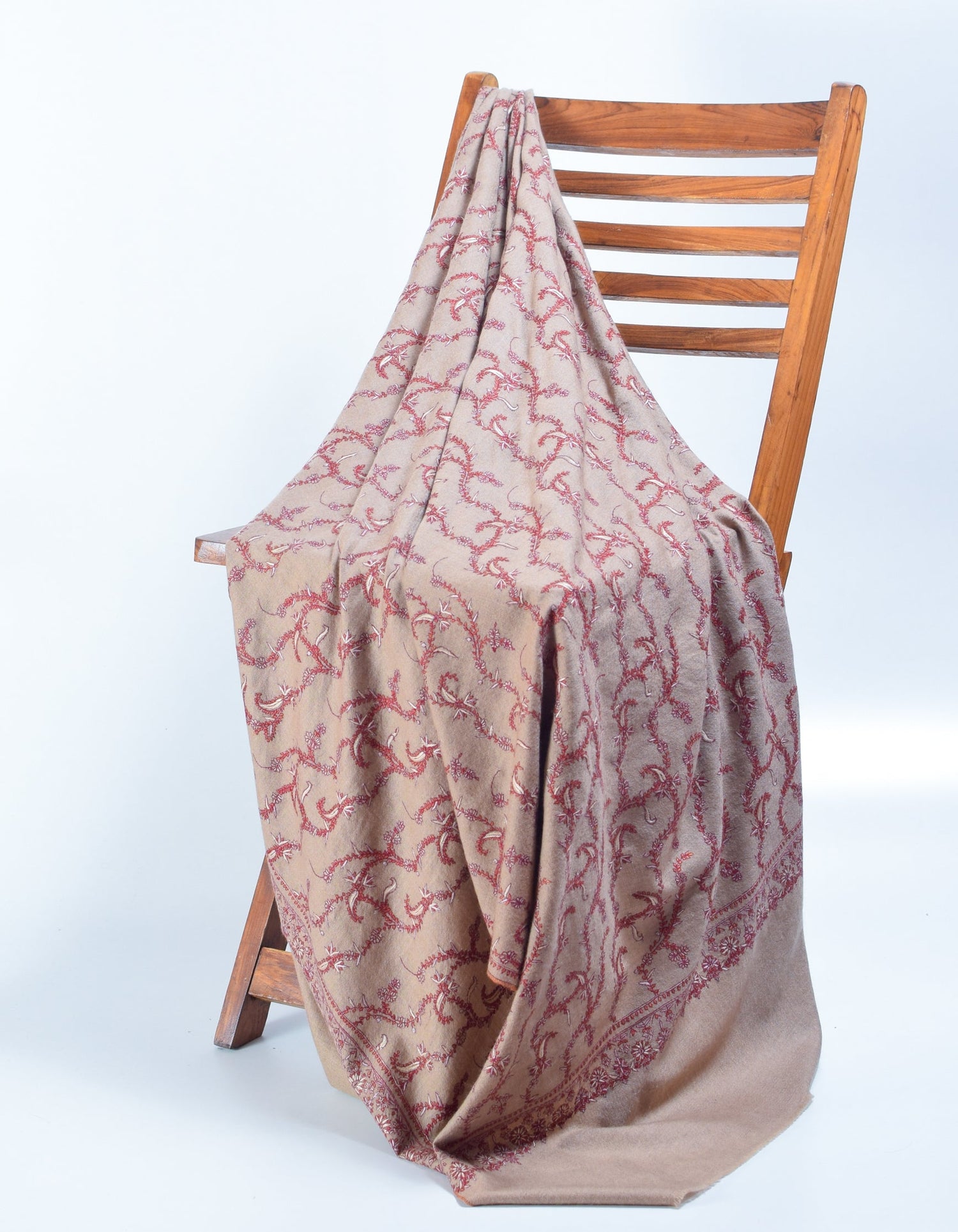 Natural Pastel Brown Handwoven Embroidered Cashmere Pashmina Shawl