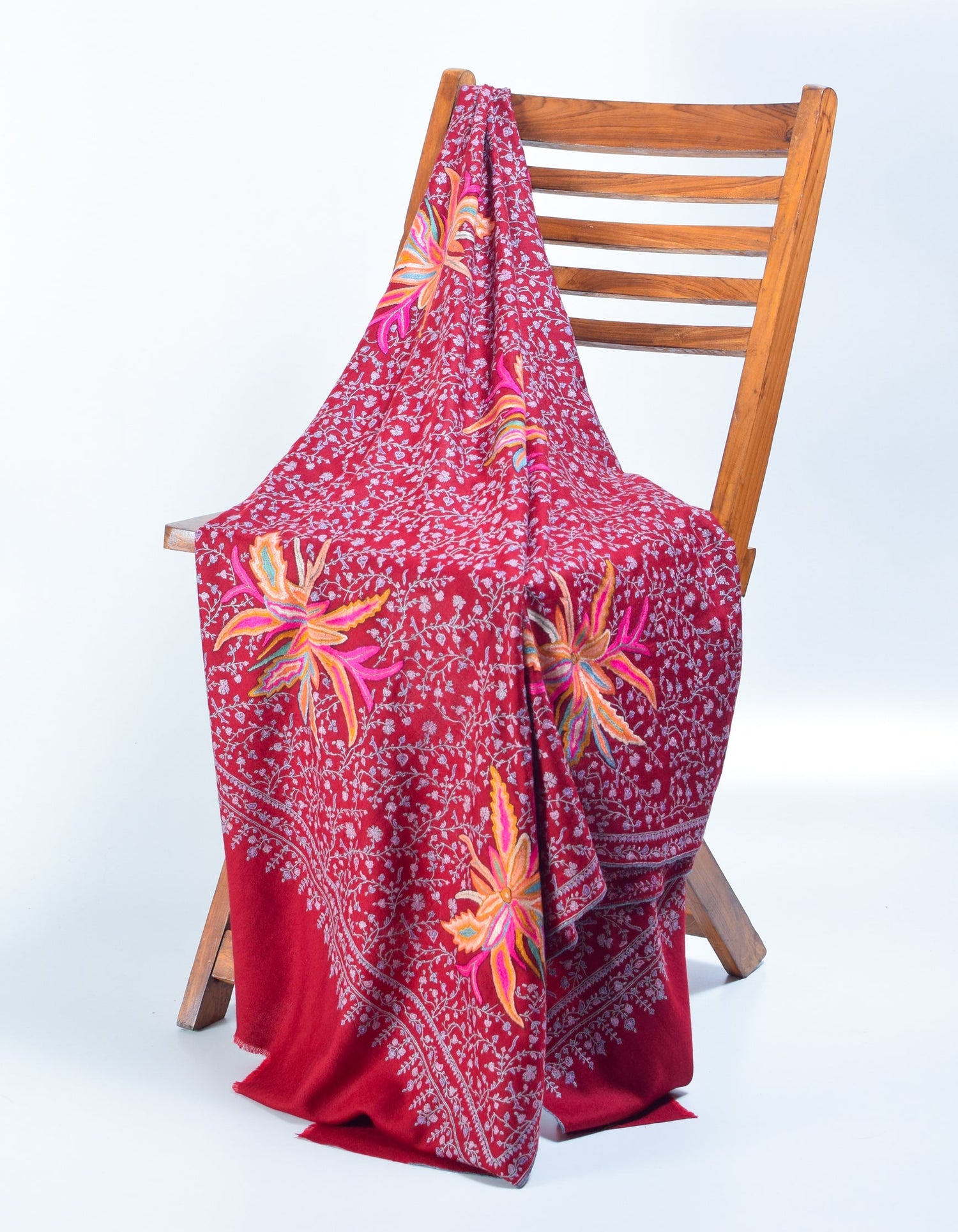 Deep Maroon Handwoven Floral Embroidered Cashmere Pashmina Shawl