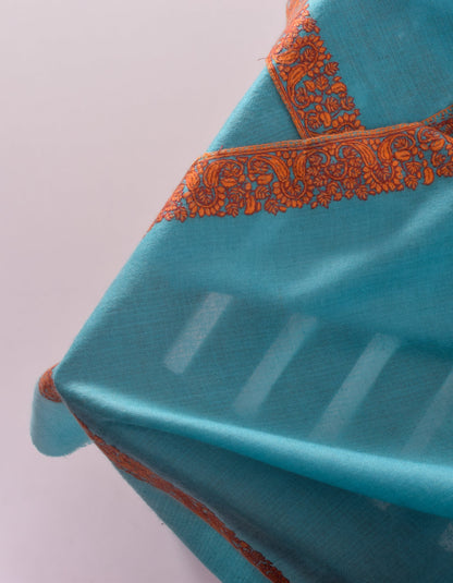 Aqua Blue Handwoven Border Embroidered Cashmere Pashmina Shawl - Kashmir Box