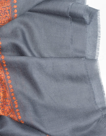 Cadet Grey Handwoven Border Embroidered Cashmere Pashmina Shawl