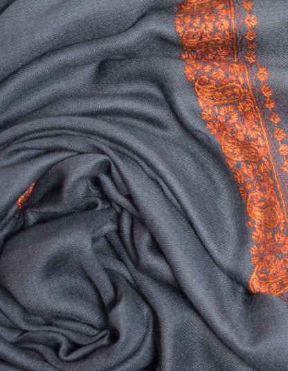 Cadet Grey Handwoven Border Embroidered Cashmere Pashmina Shawl - Kashmir Box
