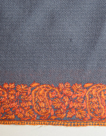 Cadet Grey Handwoven Border Embroidered Cashmere Pashmina Shawl - Kashmir Box