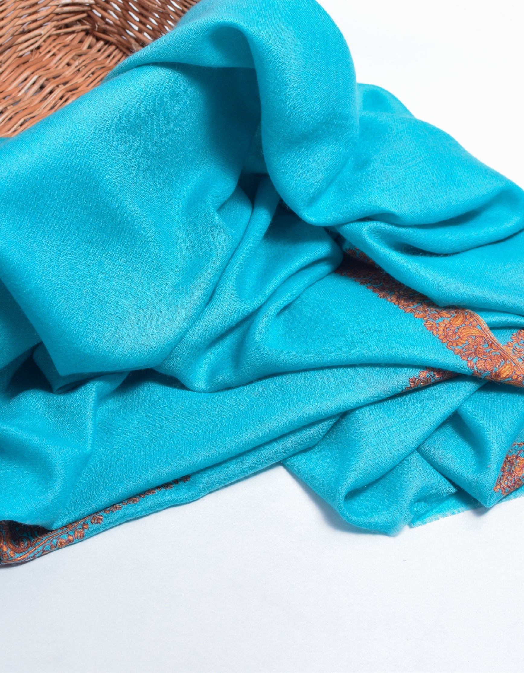 Aqua Blue Handwoven Border Embroidered Cashmere Pashmina Shawl - Kashmir Box