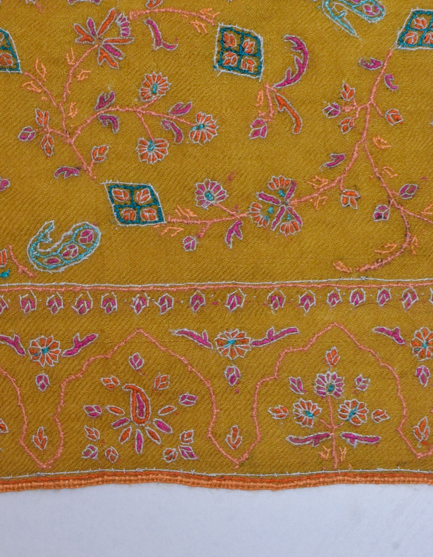 Mustard Yellow Handwoven Sozni Jaali Embroidered Cashmere Pashmina Shawl