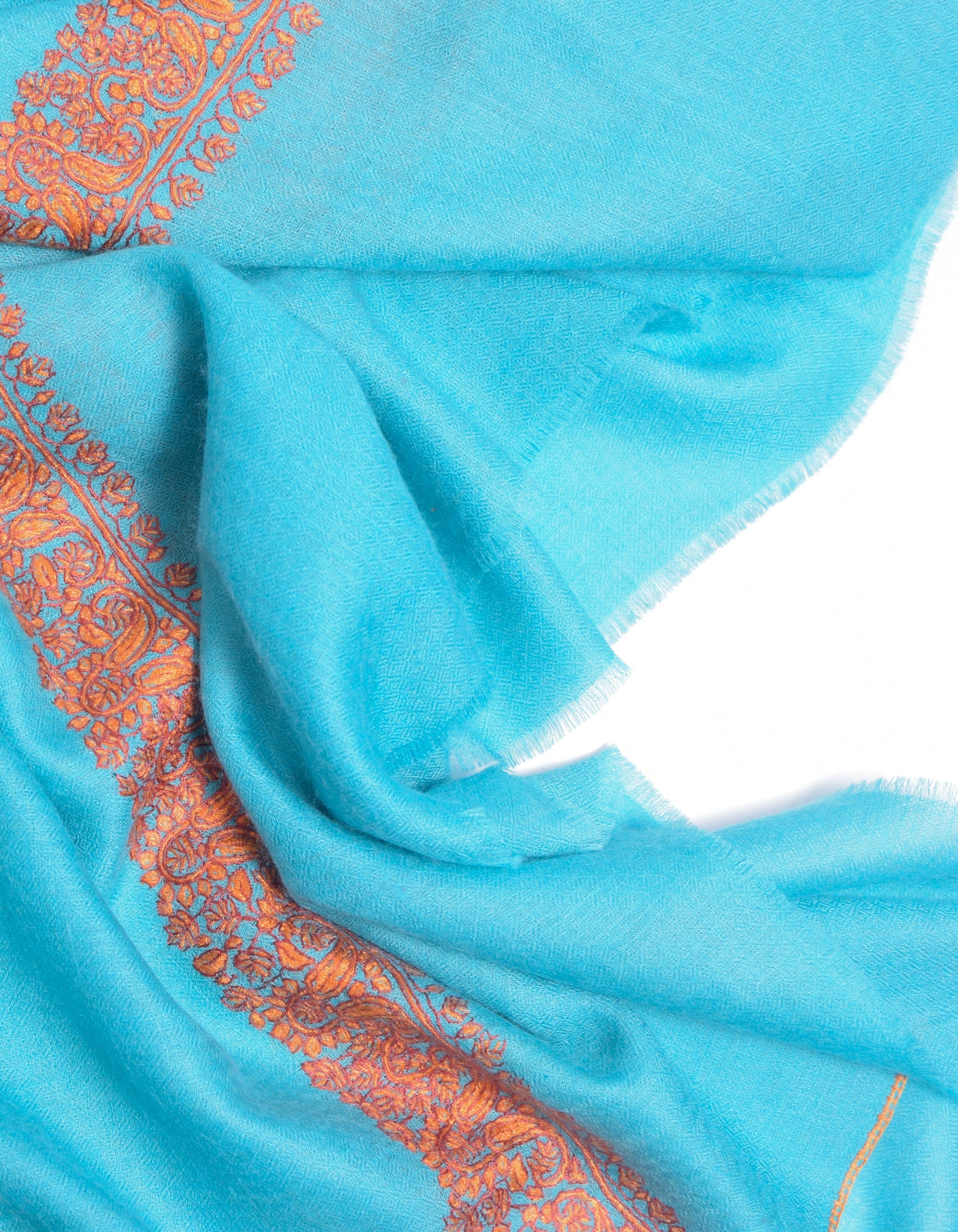 Aqua Blue Handwoven Border Embroidered Cashmere Pashmina Shawl - Kashmir Box