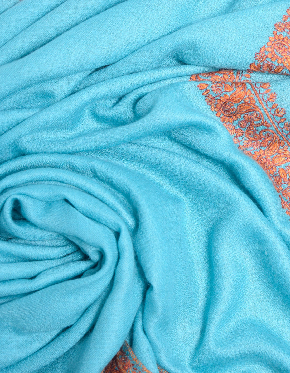 Aqua Blue Handwoven Border Embroidered Cashmere Pashmina Shawl