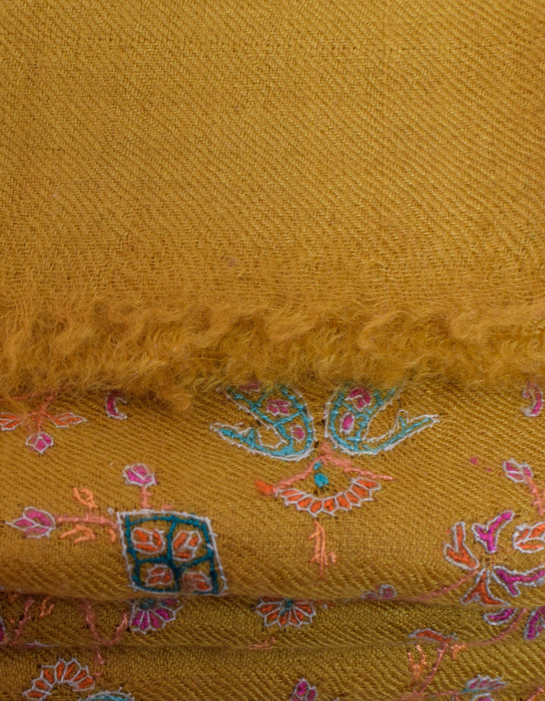 Mustard Yellow Handwoven Sozni Jaali Embroidered Cashmere Pashmina Shawl