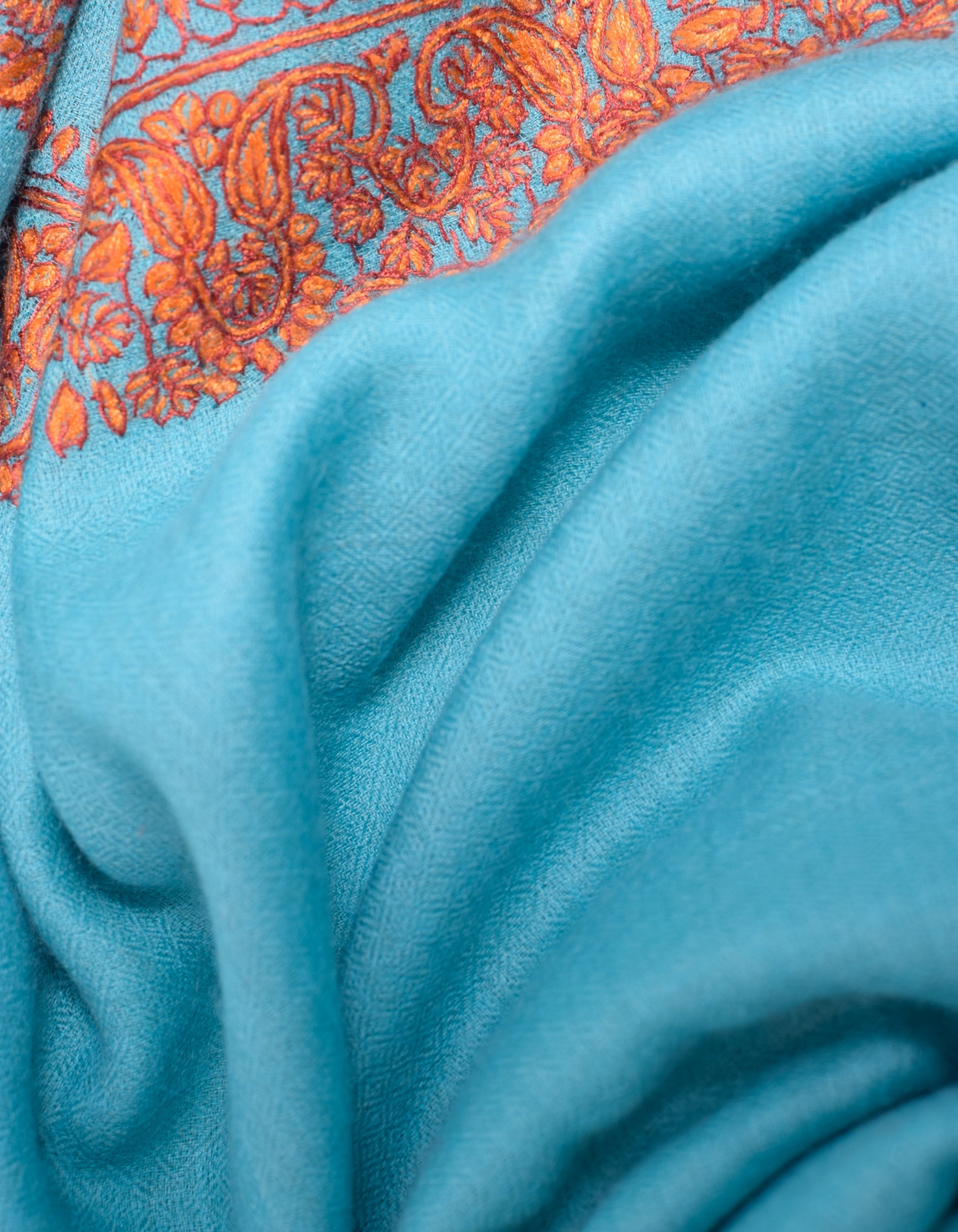 Aqua Blue Handwoven Border Embroidered Cashmere Pashmina Shawl - Kashmir Box