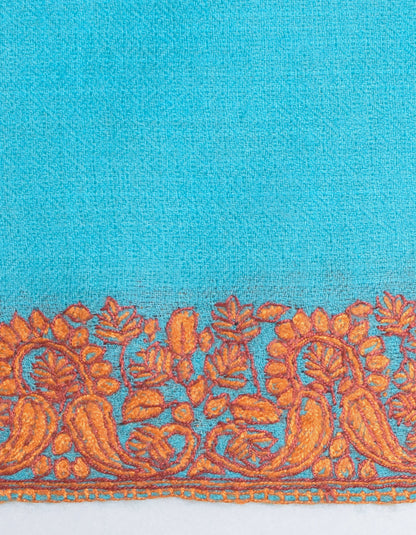 Aqua Blue Handwoven Border Embroidered Cashmere Pashmina Shawl - Kashmir Box