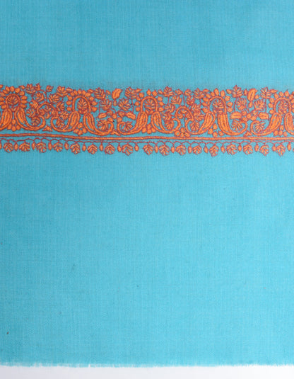 Aqua Blue Handwoven Border Embroidered Cashmere Pashmina Shawl - Kashmir Box