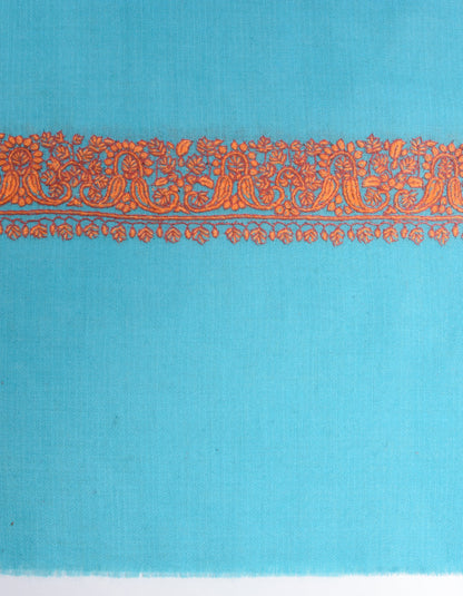 Aqua Blue Handwoven Border Embroidered Cashmere Pashmina Shawl