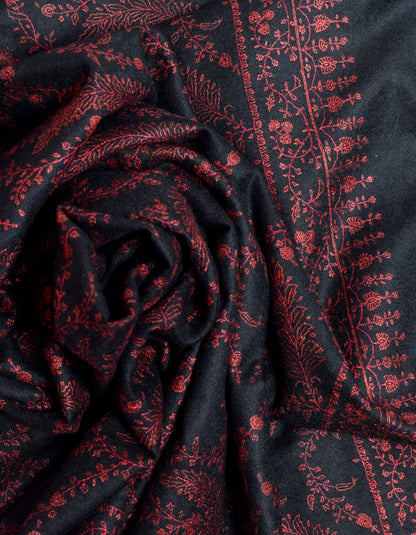 Black Handwoven Sozni Floral Embroidered Cashmere Pashmina Shawl