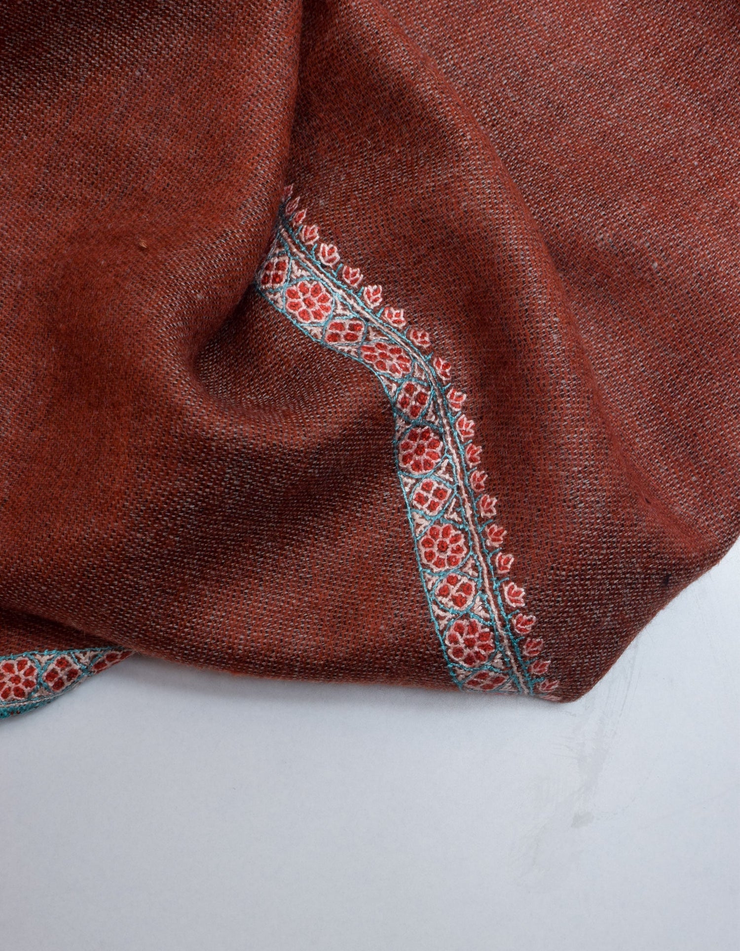 Redwood Brown Handwoven Sozni Embroidered Cashmere Pashmina Shawl - Kashmir Box