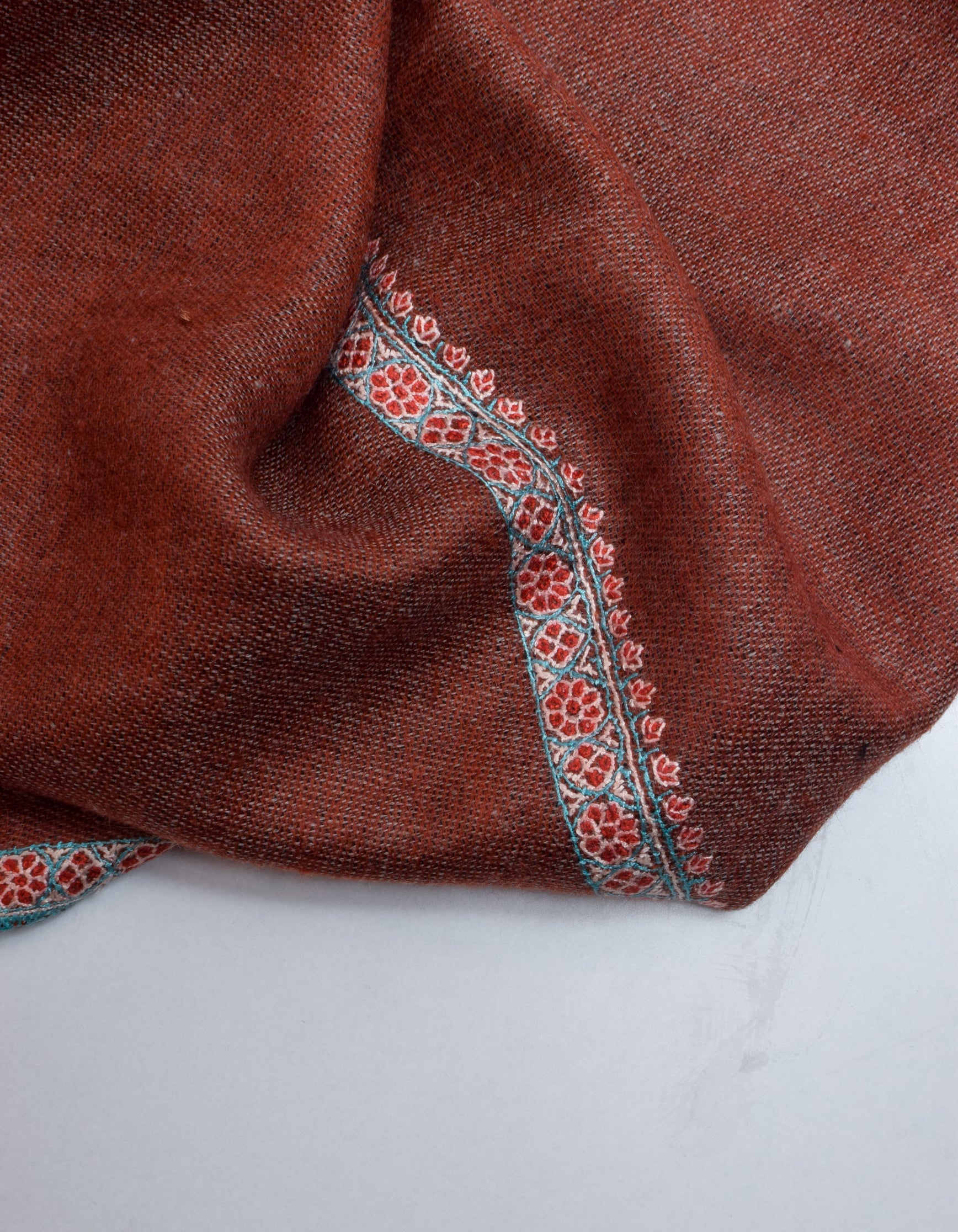 Redwood Brown Handwoven Sozni Embroidered Cashmere Pashmina Shawl - Kashmir Box