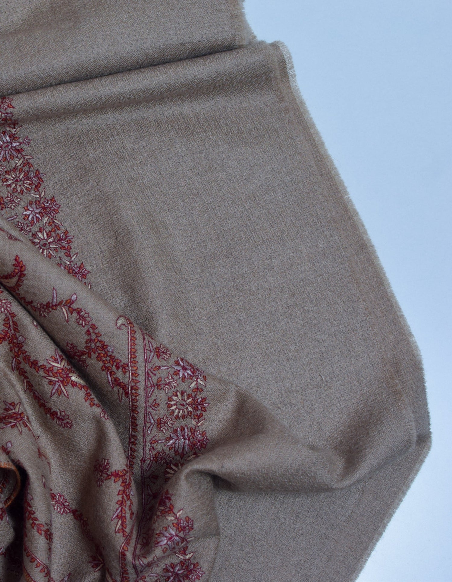 Natural Pastel Brown Handwoven Embroidered Cashmere Pashmina Shawl