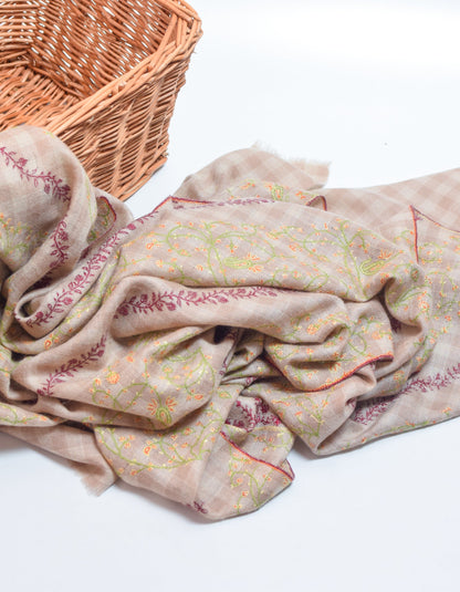 Natural Check Handwoven Embroidered Cashmere Pashmina Shawl