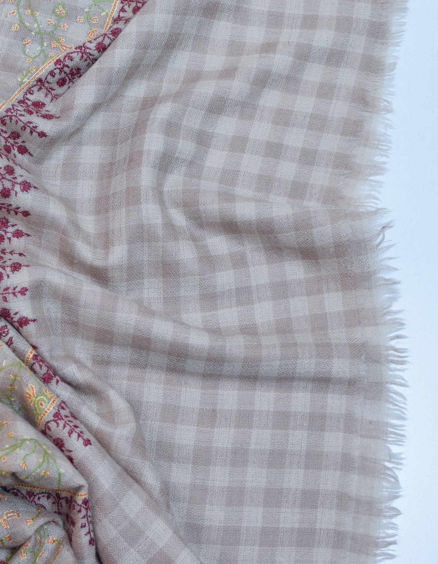 Natural Check Handwoven Embroidered Cashmere Pashmina Shawl