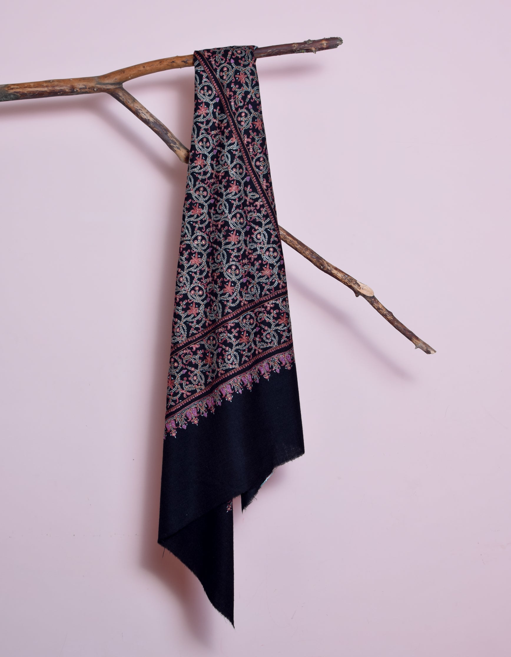 Classic Black Handwoven Multi-Colour Embroidered Cashmere Pashmina Shawl