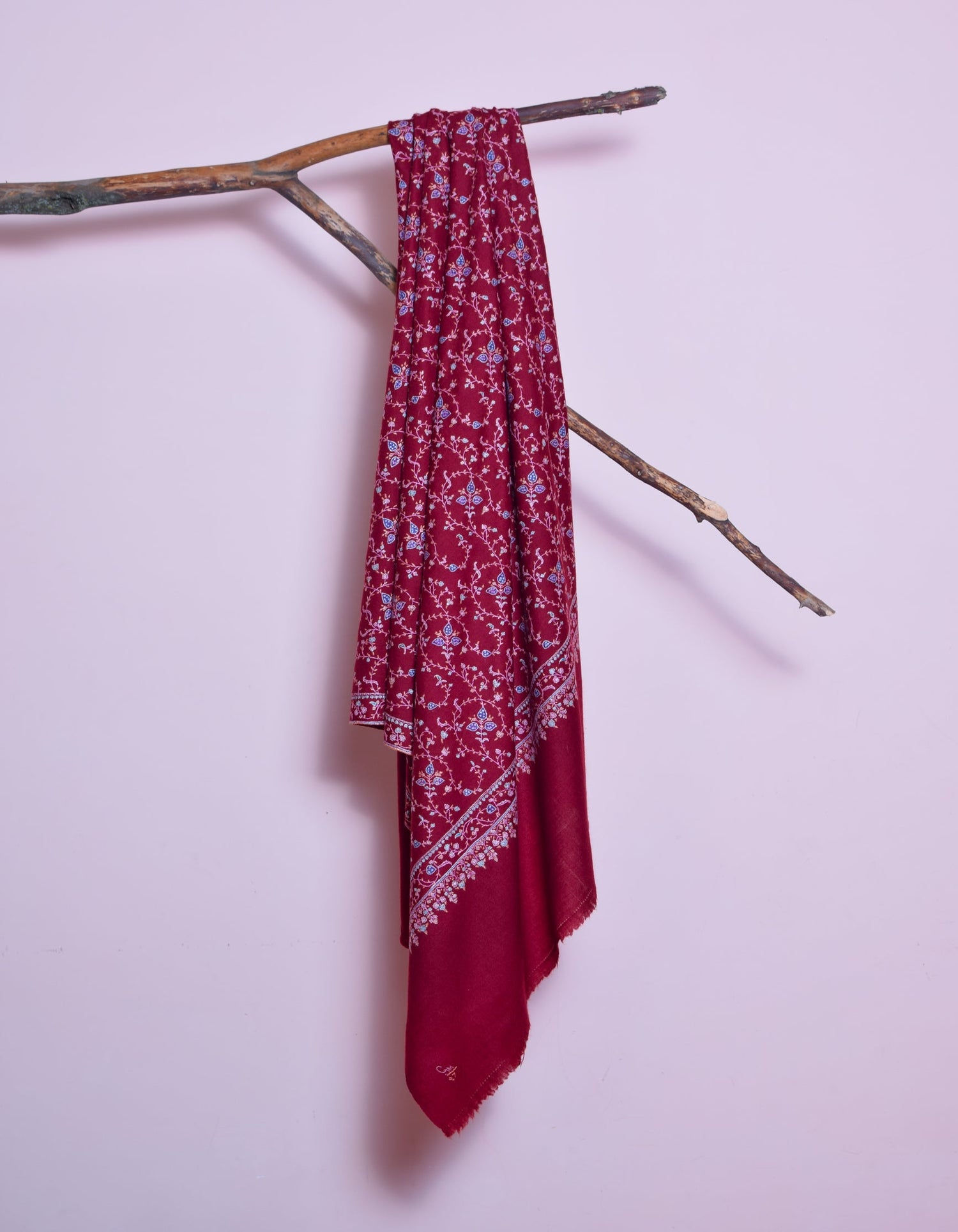 Deep Maroon Handwoven Multi-Colour Embroidered Cashmere Pashmina Shawl