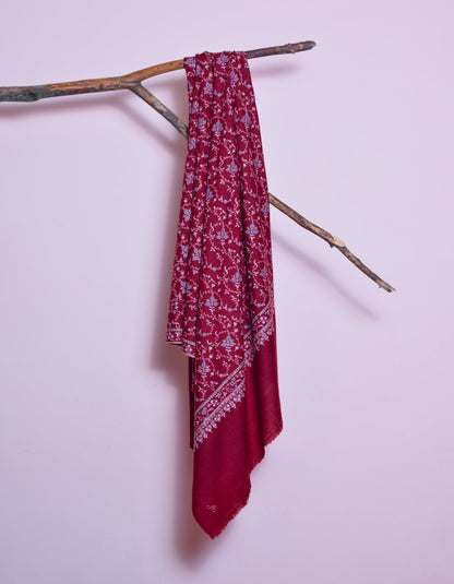 Deep Maroon Handwoven Multi-Colour Embroidered Cashmere Pashmina Shawl