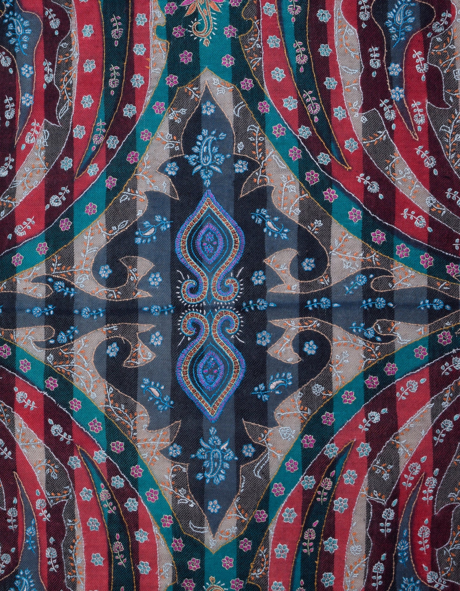 Multi-Pattern Handwoven Kani Print Detail Embroidered Cashmere Pashmina Shawl