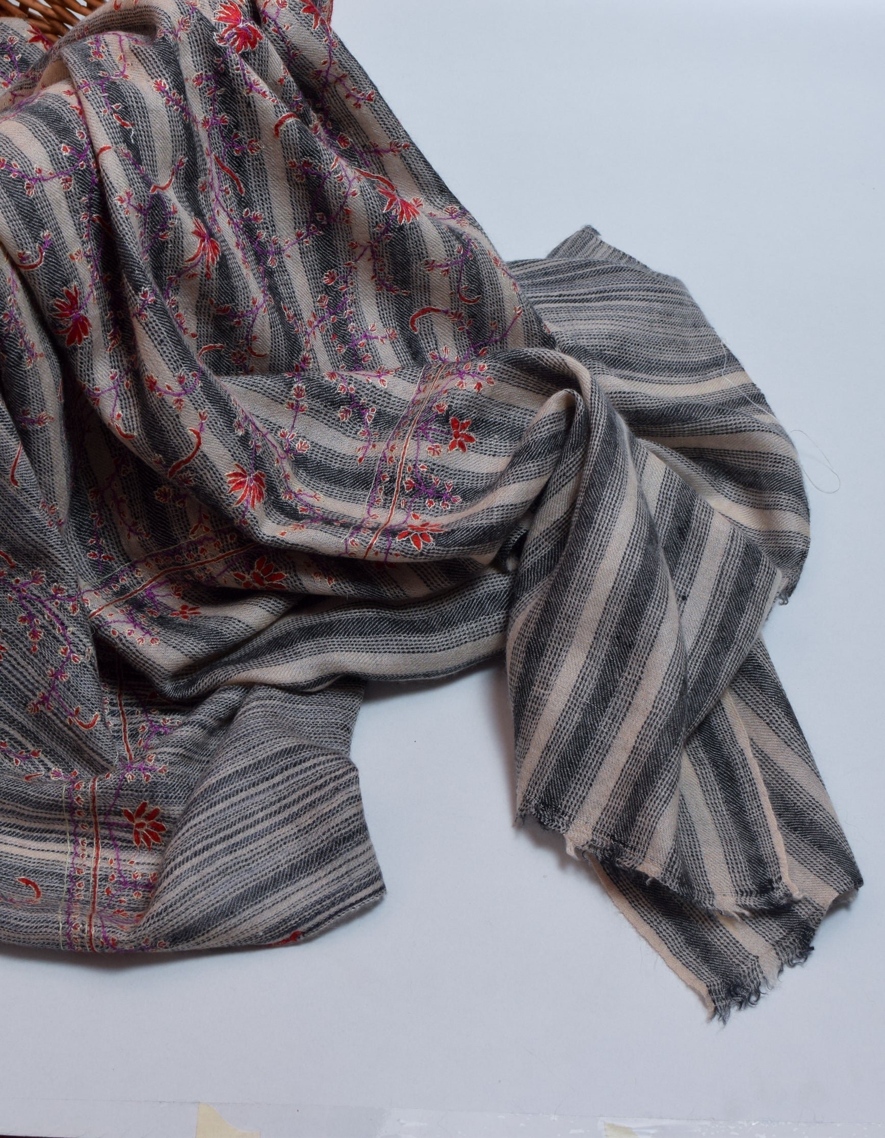 Stripes Handwoven Sozni Embroidered Cashmere Pashmina Shawl