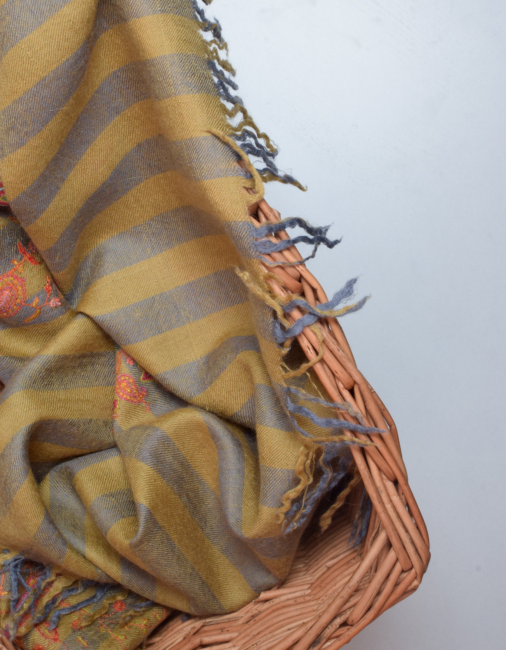 Modern Gold Grey Stripes Handwoven Sozni Embroidered Cashmere Pashmina Shawl