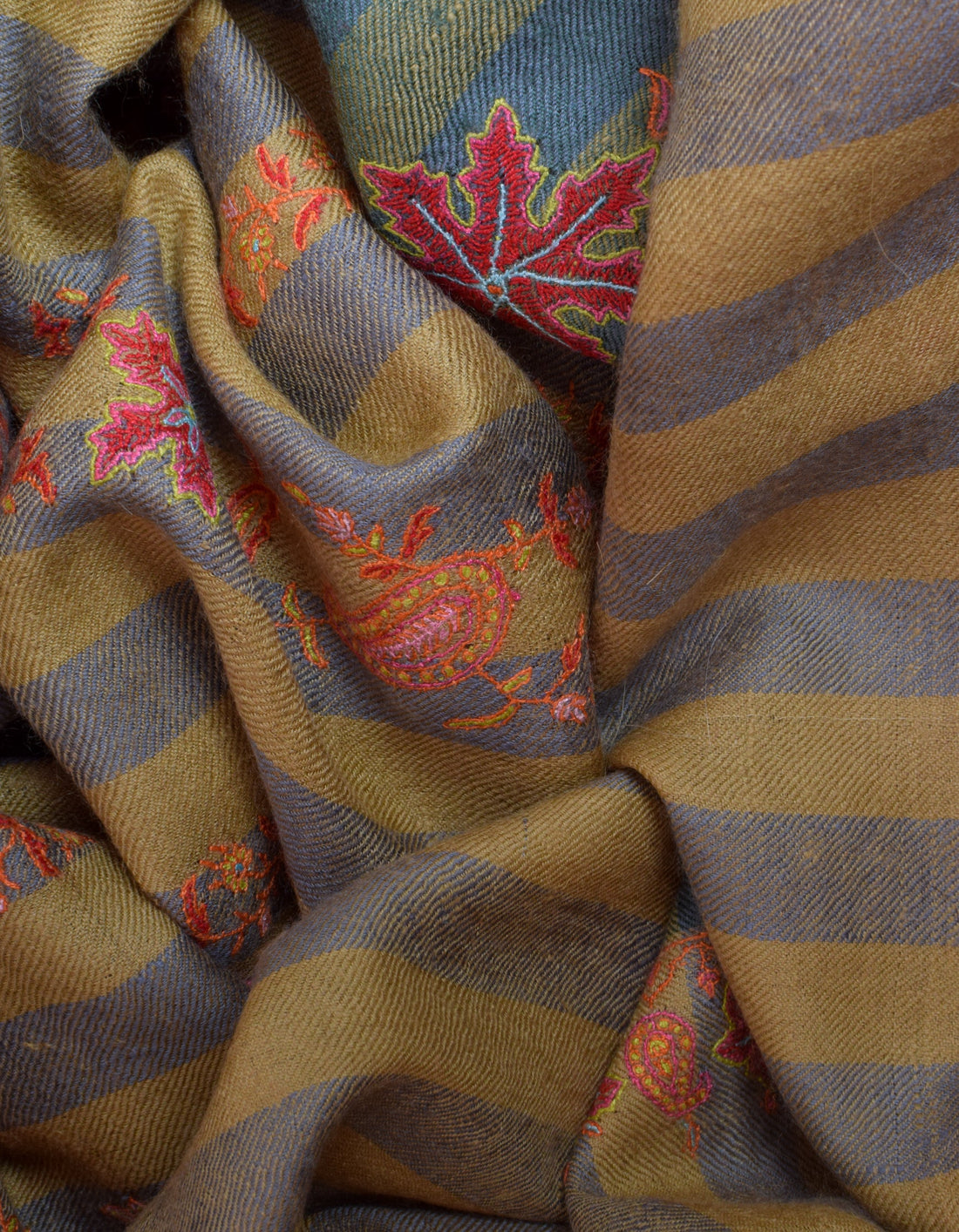 Modern Gold Grey Stripes Handwoven Sozni Embroidered Cashmere Pashmina Shawl