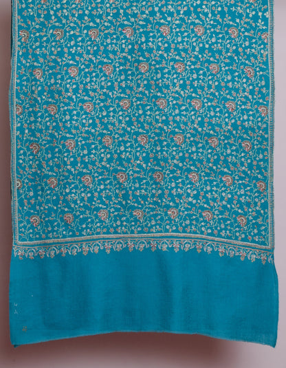 Teal Blue Handwoven Sozni Jaali Embroidered Cashmere Pashmina Stole