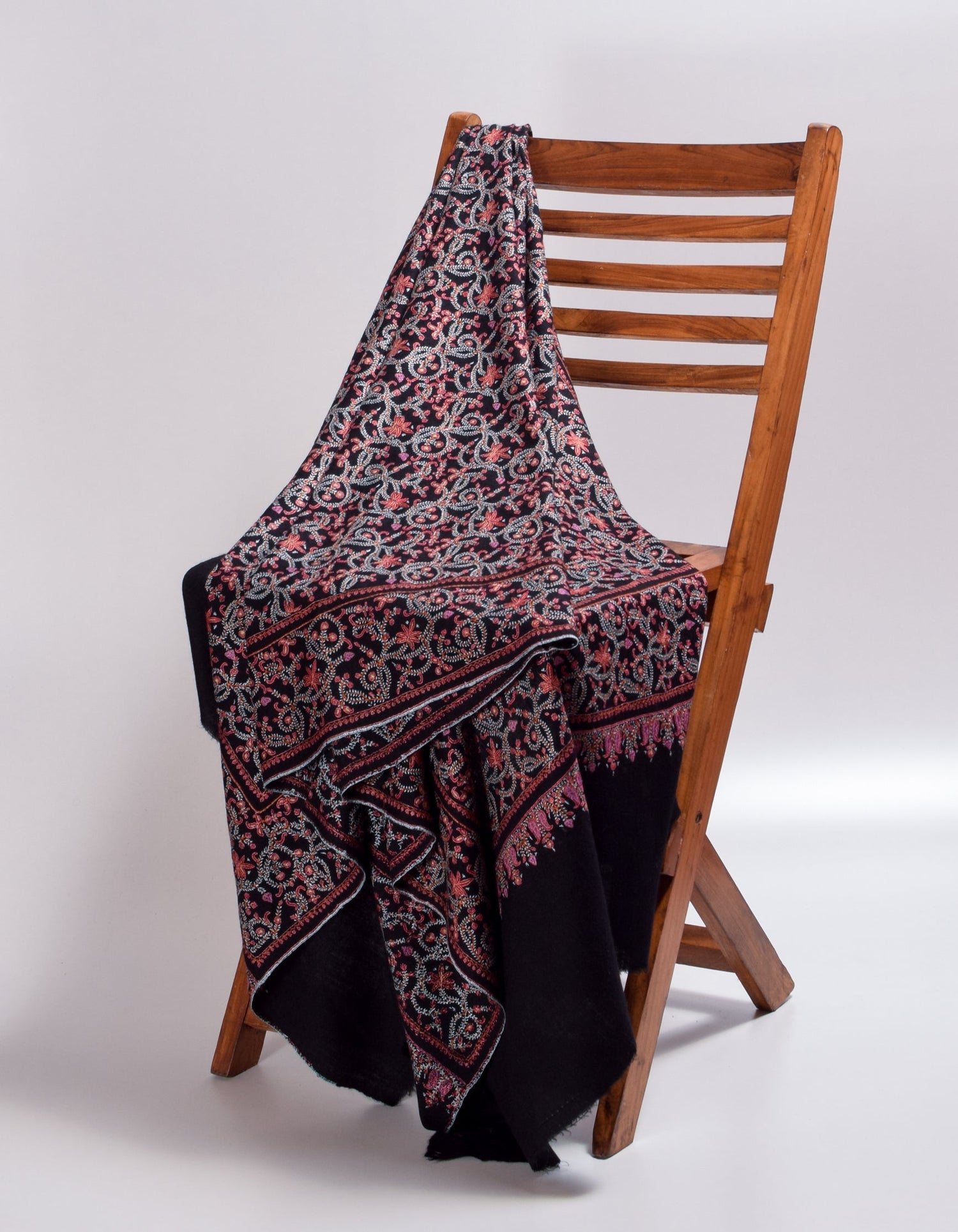 Classic Black Handwoven Multi-Colour Embroidered Cashmere Pashmina Shawl